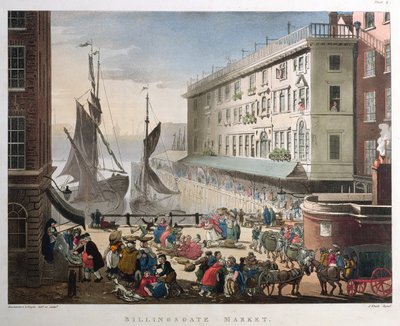 Billingsgate-Markt, London, veröffentlicht am 1. März 1808 von Pugin and Rowlandson